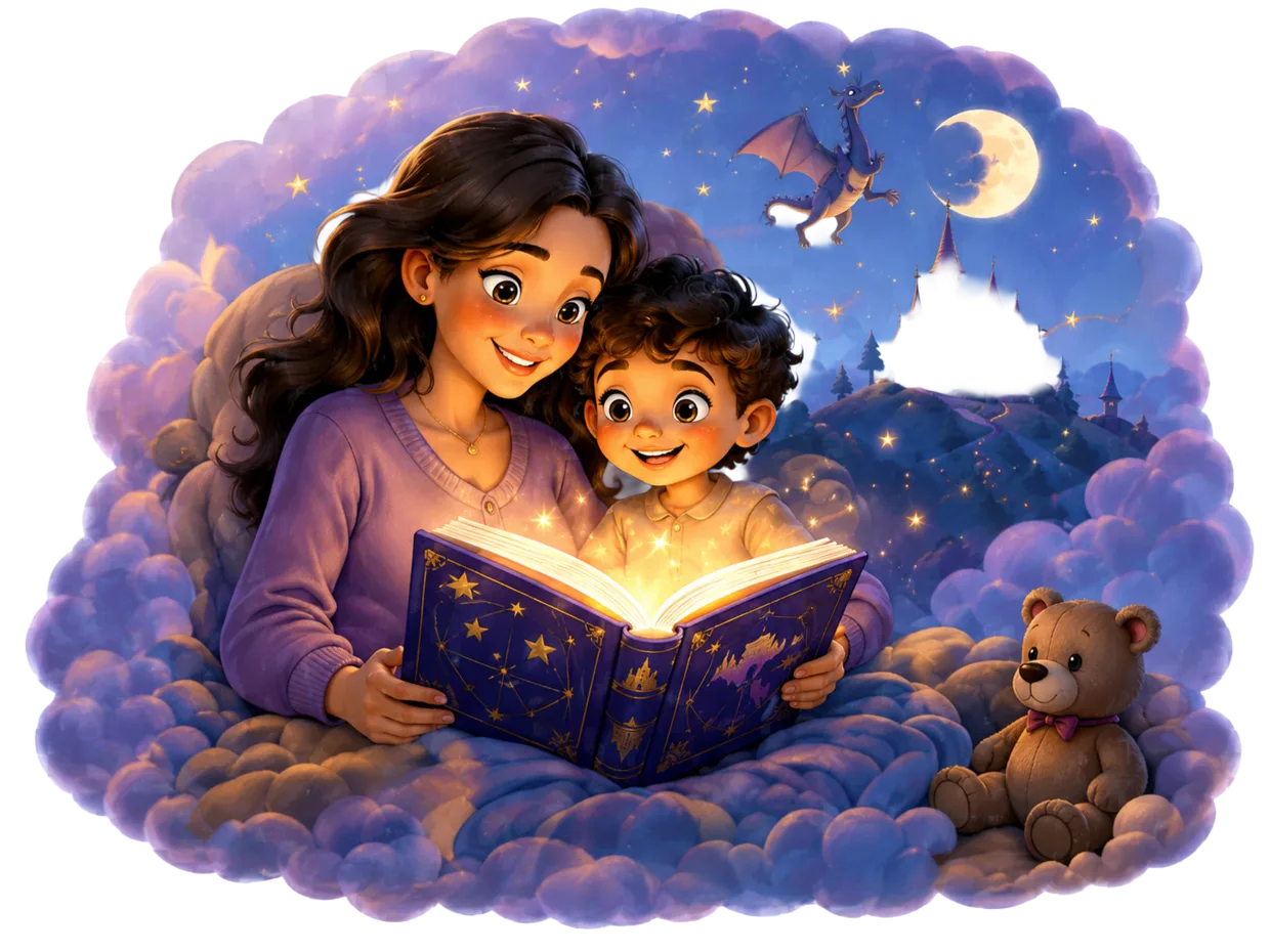 Mother and child reading a glowing bedtime story.